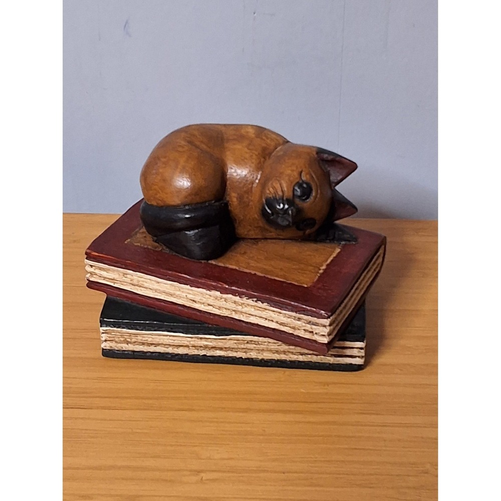 Vintage Handcrafted Wooden Cat Sleeping On Books Paper Weight. Made In Thailand